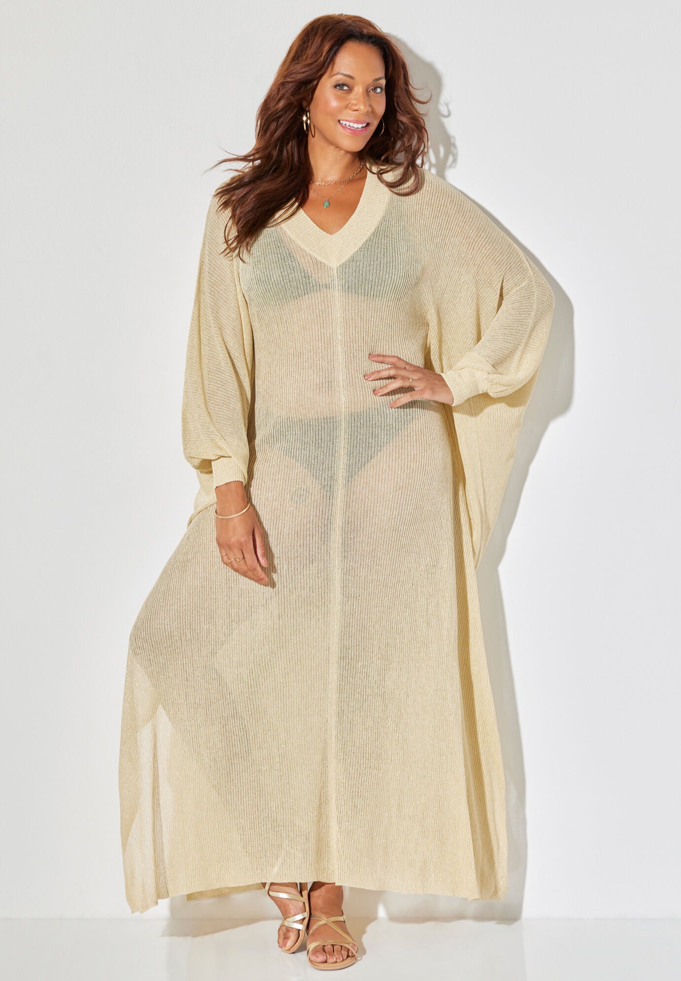 Long V-Neck Shimmer Caftan Tunic Cover Up, , alternate image number 4