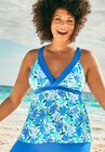 Longer Length Surplice Tankini Top, AQUA FLORAL, hi-res image number null