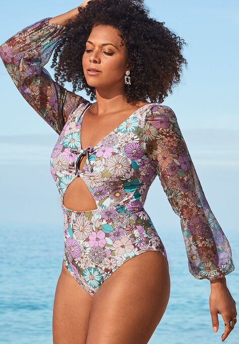 Cup Sized Chiffon Sleeve One Piece Swimsuit, , alternate image number null
