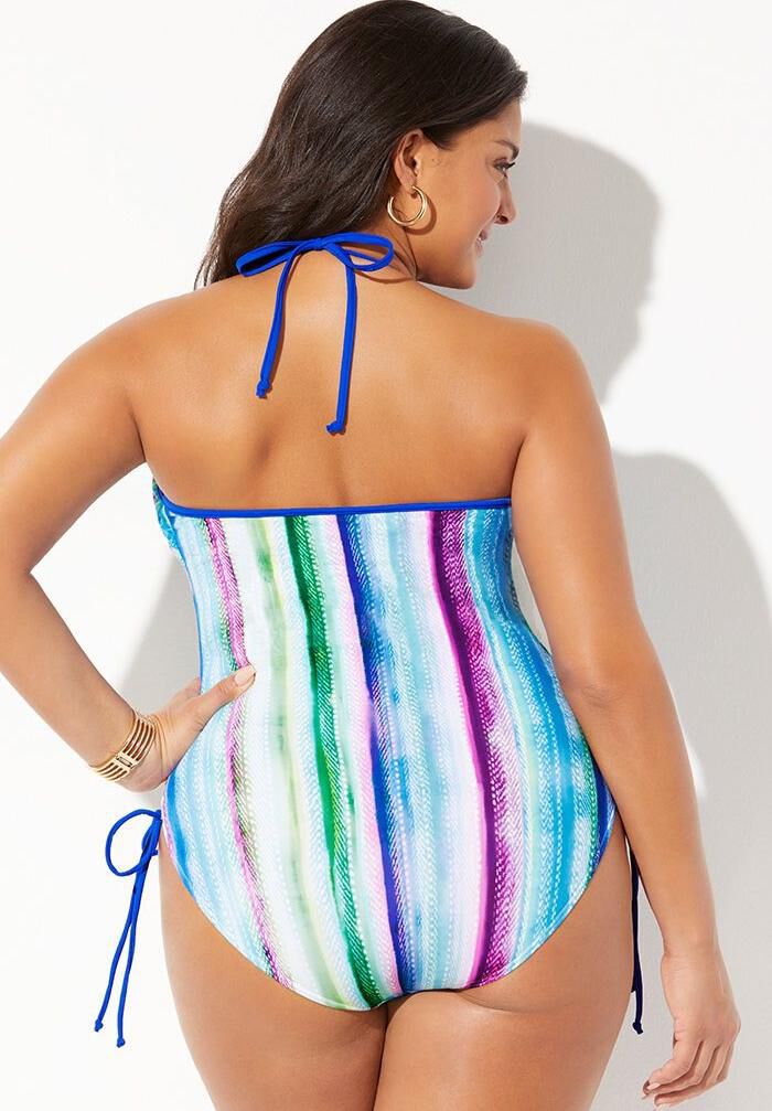 Halter Adjustable One Piece Swimsuit, PASTEL STRIPE, on-hover image number 1