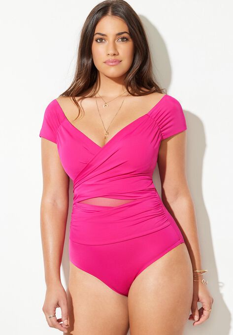 Cap Sleeve Cut Out One Piece Swimsuit, BRIGHT BERRY, hi-res image number null