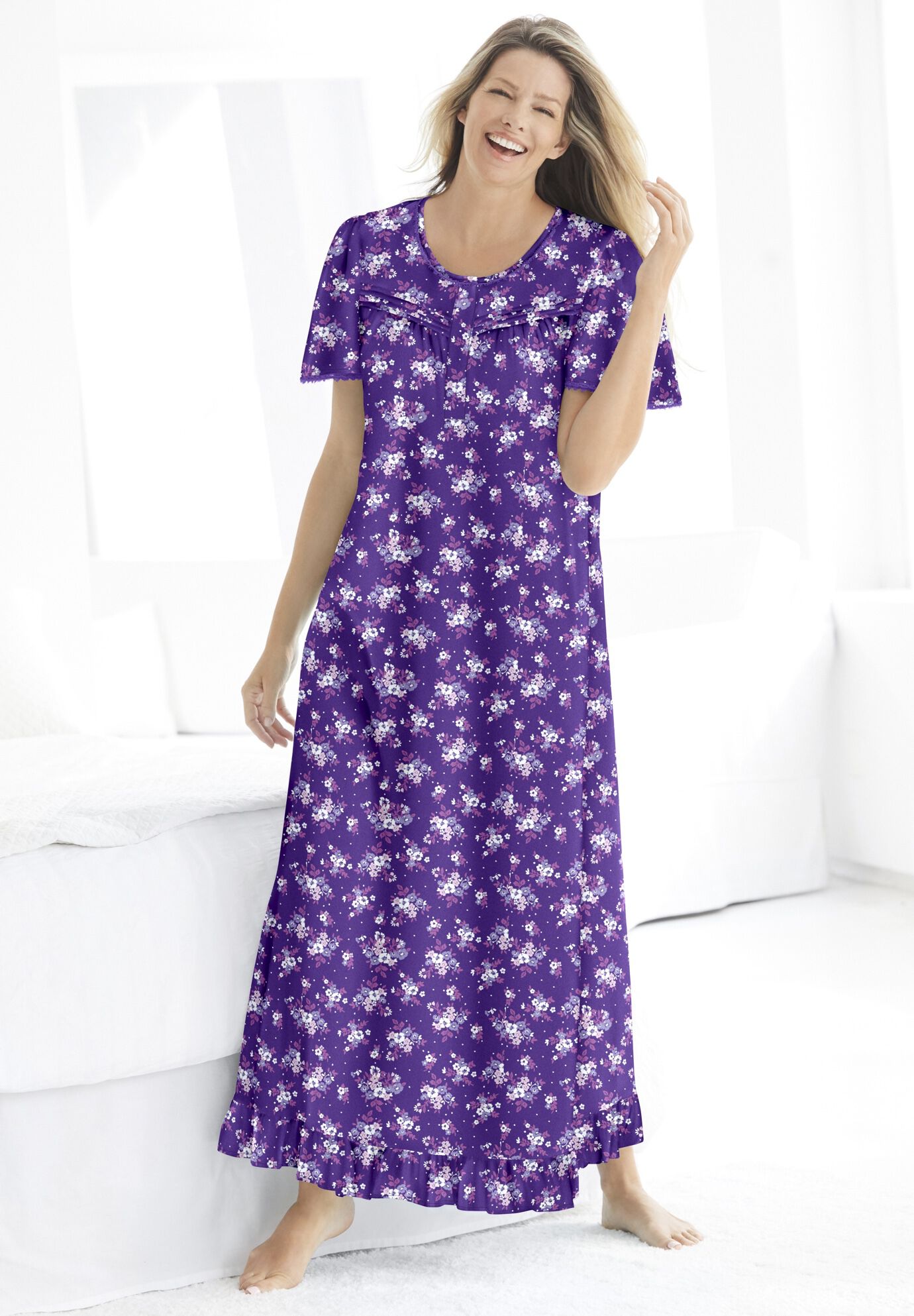 Long Floral Print Cotton Gown, , alternate image number 3