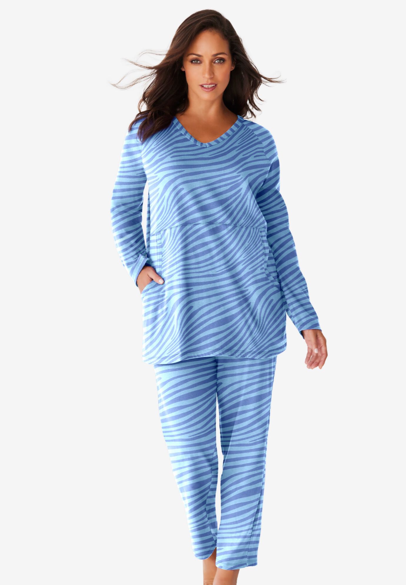 Cotton 2Piece Lounge Set with Elastic Waist, French Blue Zebra Ellos