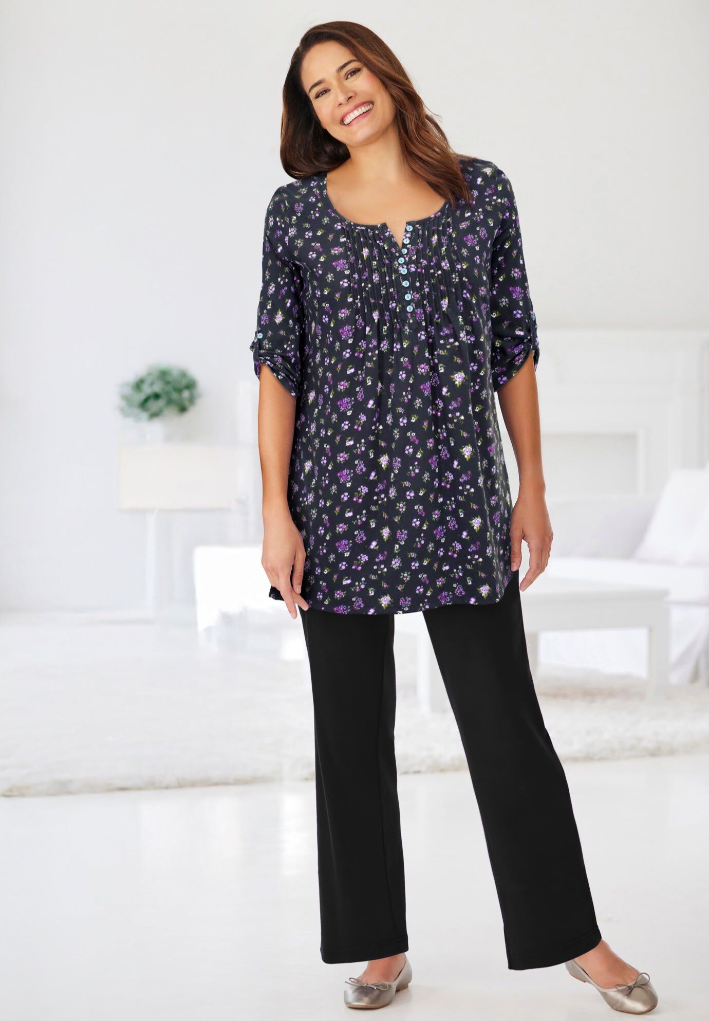 7-Day Three-Quarter Sleeve Pintucked Henley Tunic
