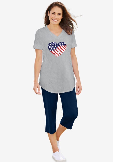 Two-Piece V-Neck Tunic & Capri Set, HEATHER GREY AMERICANA HEART, hi-res image number null