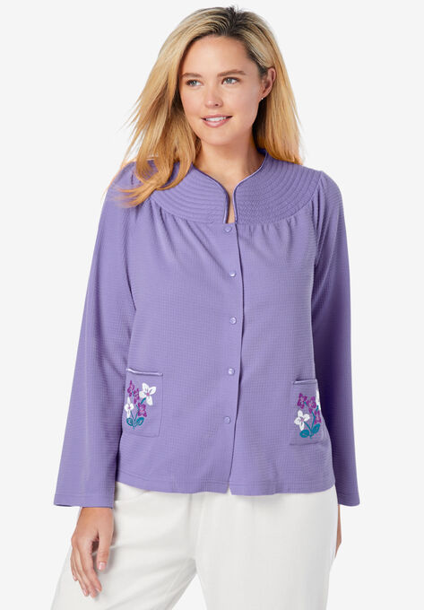 Short Waffle Knit Embroidered Bed Jacket, SOFT IRIS, hi-res image number null