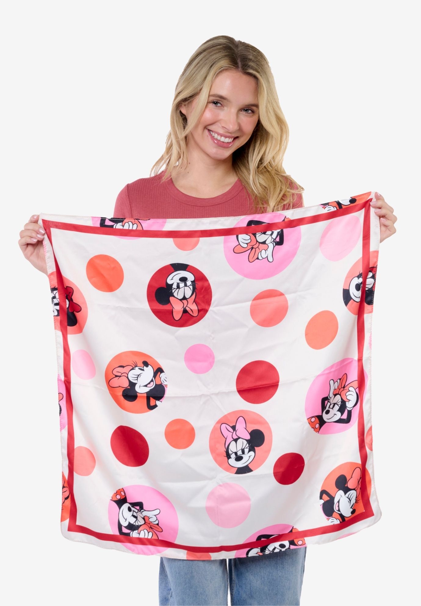Disney Minnie Mouse Silky Scarf 27 inches x 27 inches Large Red Bow Icon Square Head Wrap, RED, alternate image number 3