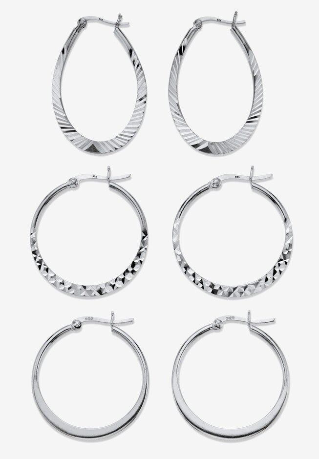 Sterling Silver Diamond Cut 3 Pair Hoop Earrings Set (33Mm), SILVER, hi-res image number null