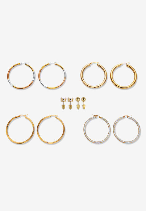 Tri Tone Gold Ion Plated Stainless Hoop & Cz Stud Earring Set (50Mm) (4 Cttw) Jewelry, , on-hover image number null