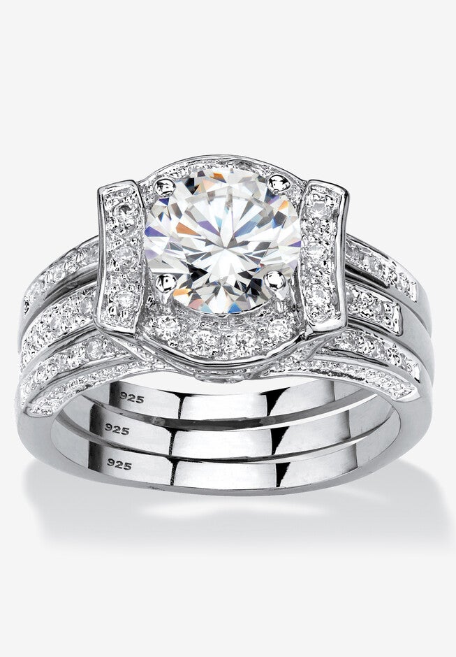 Cubic Zirconia Round Bridal Ring Set in Platinum over Sterling Silver, SILVER, hi-res image number 0