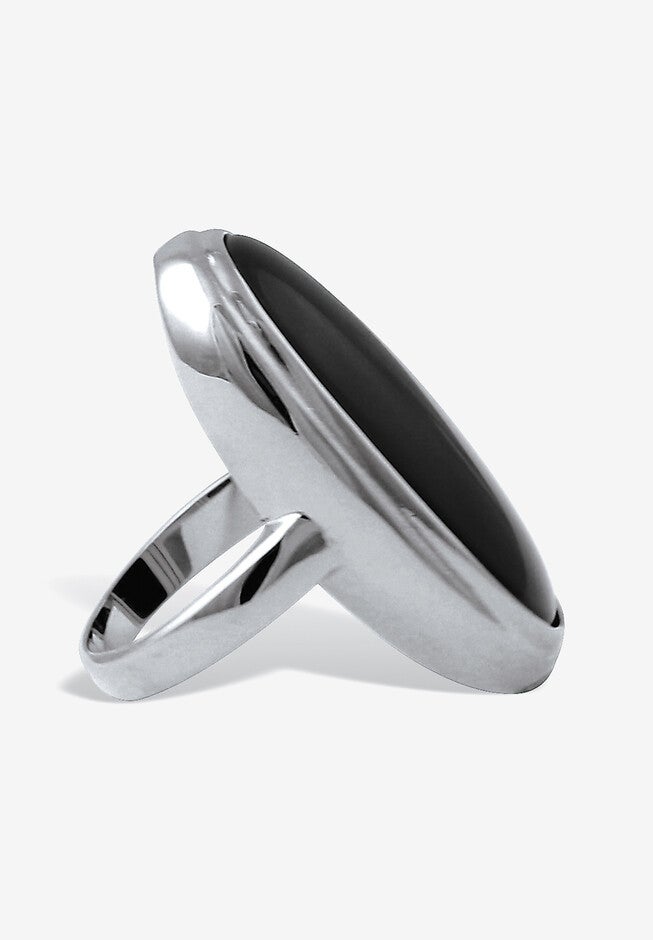 Silvertone Oval-Cut Natural Black Onyx Cabochon Ring, , on-hover image number 1