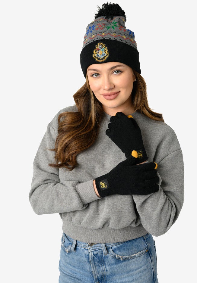 Harry Potter Beanie Hat With Gloves Touch Screen Knit Hogwarts Set, GRAY, hi-res image number 0