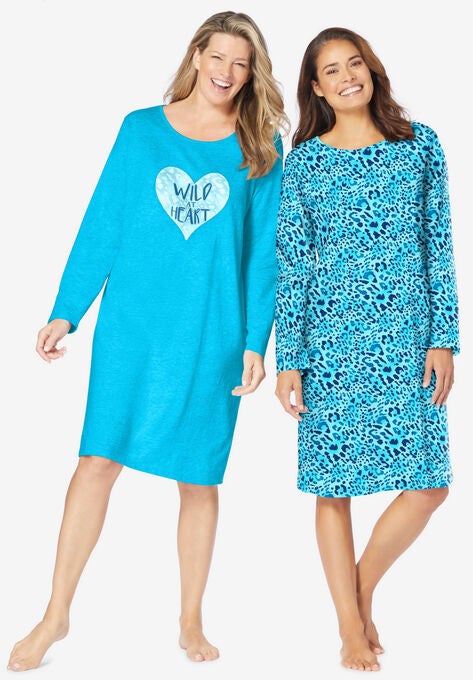 2-Pack Long-Sleeve Sleepshirts , POOL BLUE ANIMAL HEART, hi-res image number null