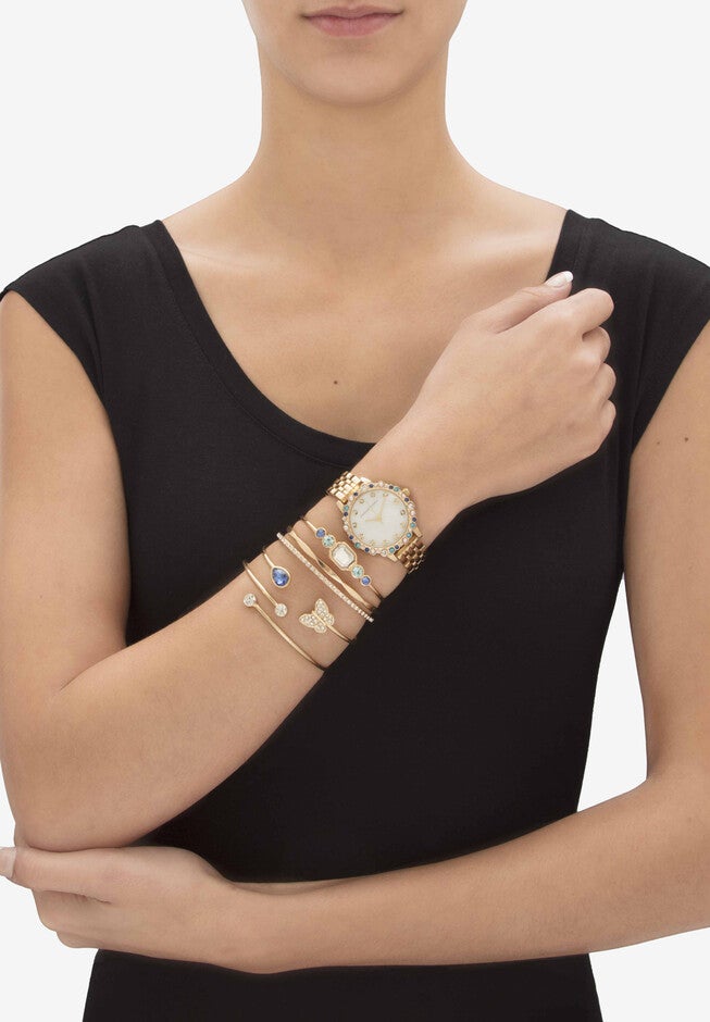 Goldtone Blue Crystal and Simulated Pearl 5 Piece Watch Bracelet Set, 7.5 inches, , alternate image number null