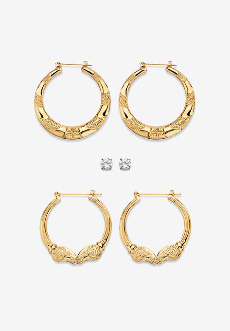 Cubic Zirconia Stud and Hoop Earring Set in Goldtone, GOLD, hi-res image number null