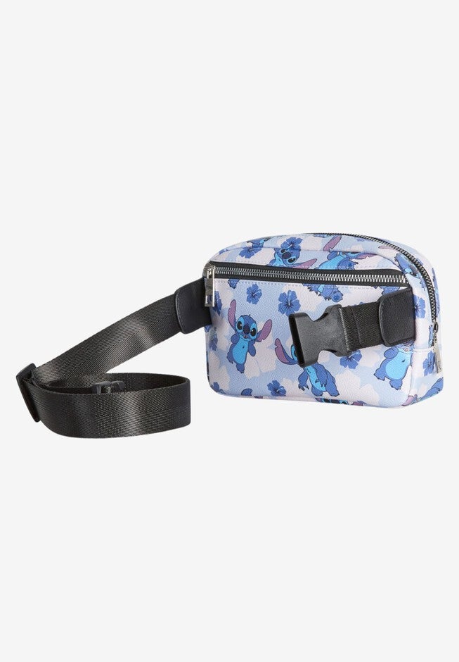 Disney Stitch Belt Bag Belt Bag Crossbody Zippered Floral All-Over Print Blue Faux Leather, , alternate image number null