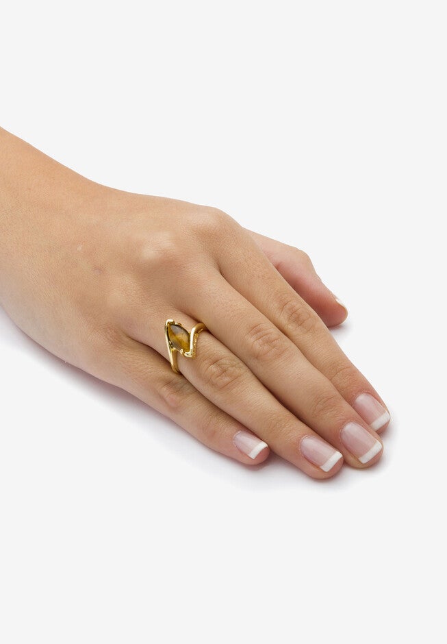Yellow Gold-Plated Genuine Brown Tiger'S Eye Bypass Ring, , alternate image number null