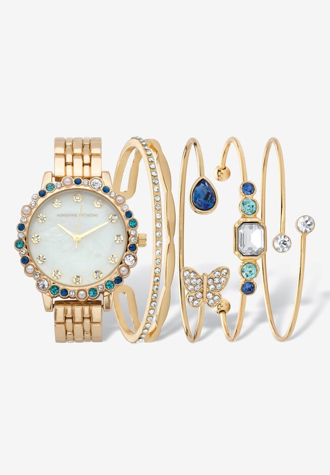 Goldtone Blue Crystal and Simulated Pearl 5 Piece Watch Bracelet Set, 7.5 inches, GOLD, hi-res image number null