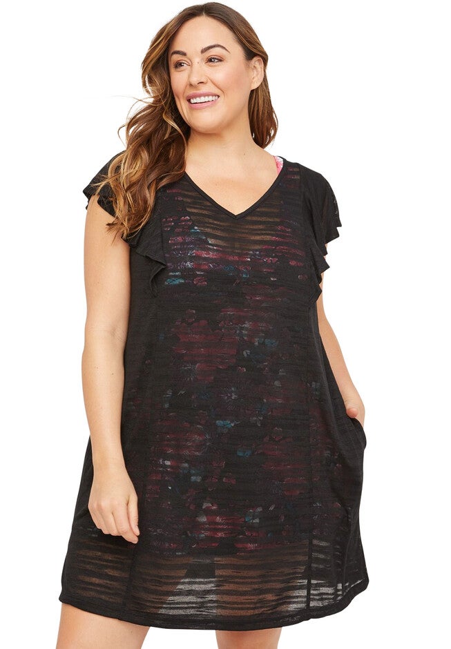 Shadow Stripe Ruffle Swim Cover Up, BLACK, hi-res image number 0