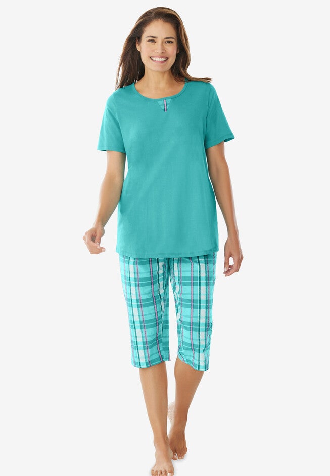 2-Piece Short-Sleeve & Capri PJ set, AQUAMARINE PLAID, hi-res image number null