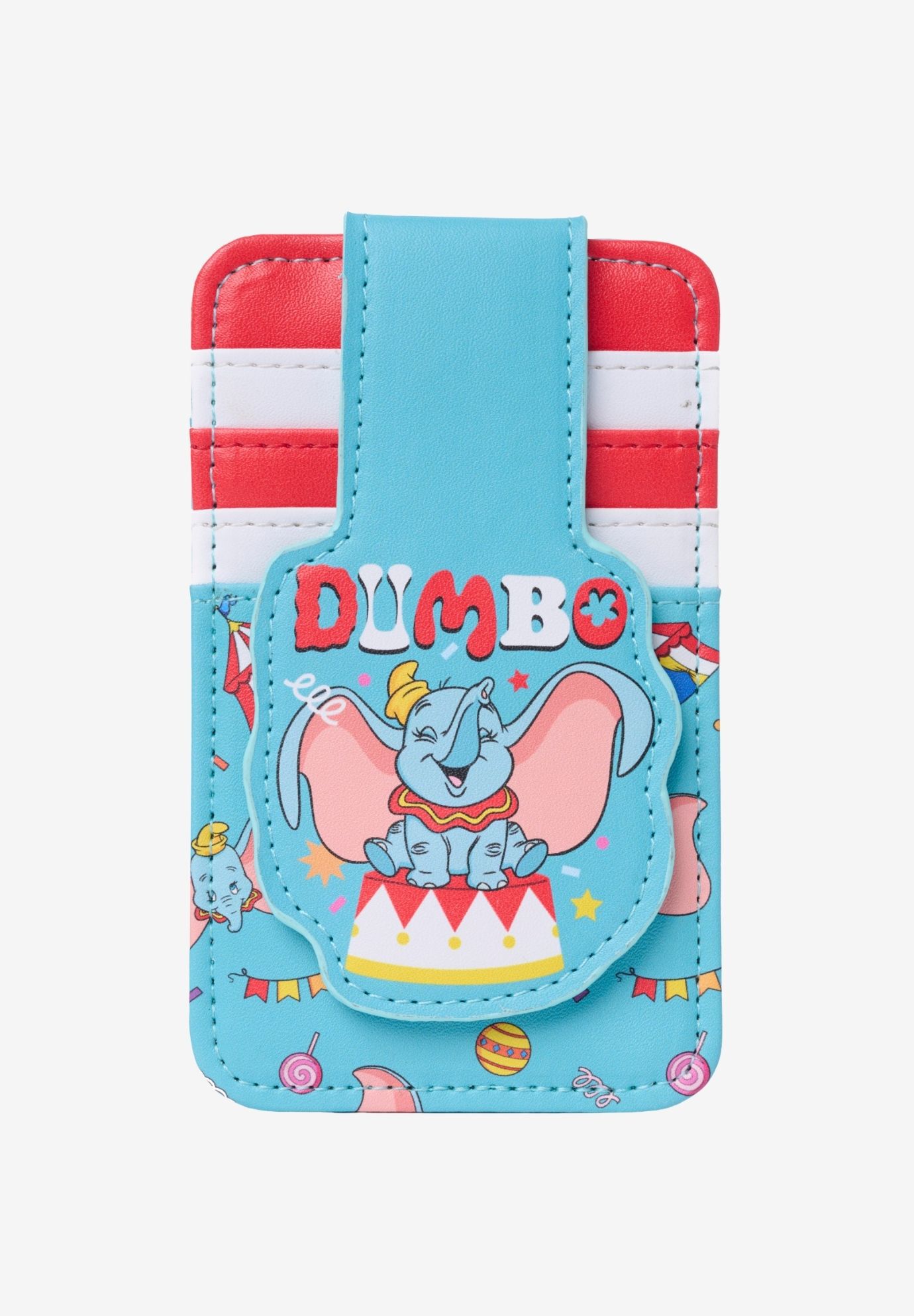 Disney Dumbo Snap Card Holder Wallet Circus Striped Faux Leather Blue Red, BLUE, hi-res image number 0