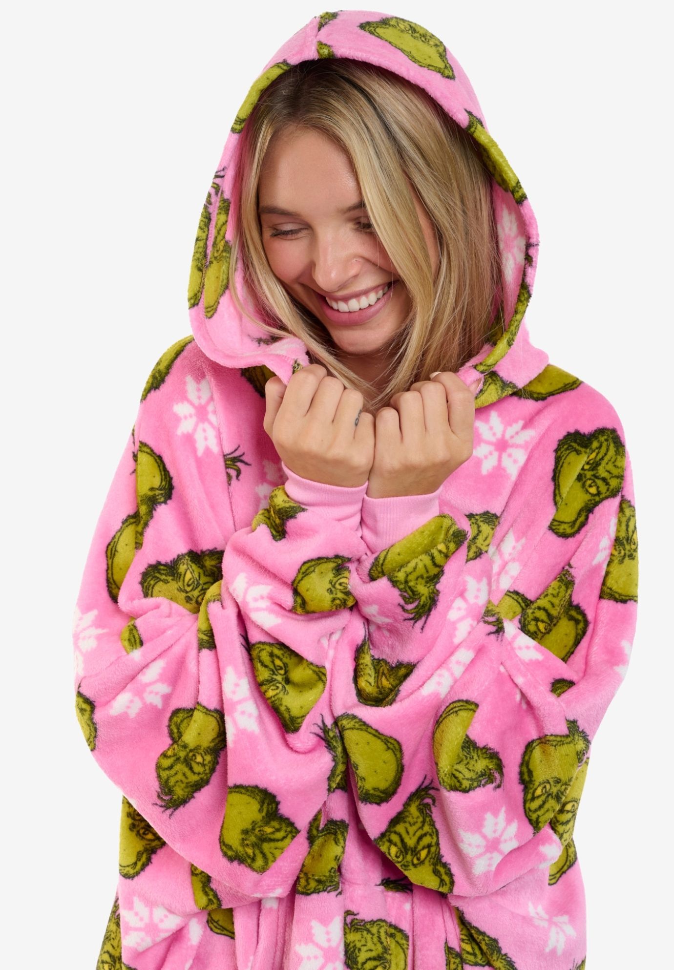 Womens The Grinch Oversized Hoodie Sweatshirt Christmas Pink Green One Size, PINK, alternate image number 5