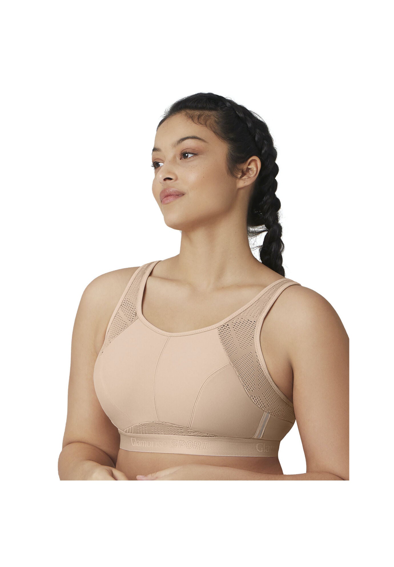 Full Figure Plus Size No-Sweat Mesh Sports Bra Wirefree 1068, CAFE, hi-res image number 0