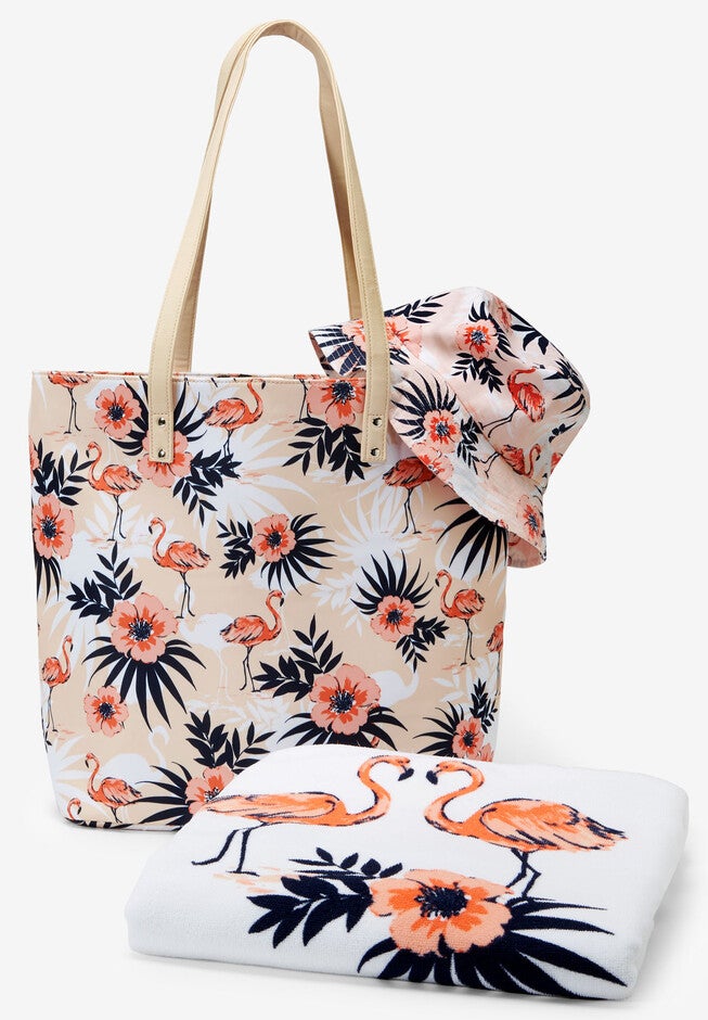 3-Piece Printed Beach Set, TROPICAL FLAMINGO, hi-res image number null