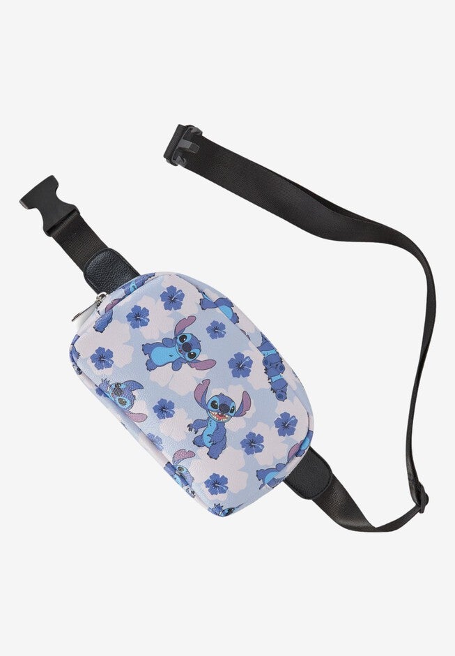 Disney Stitch Belt Bag Belt Bag Crossbody Zippered Floral All-Over Print Blue Faux Leather, , alternate image number null