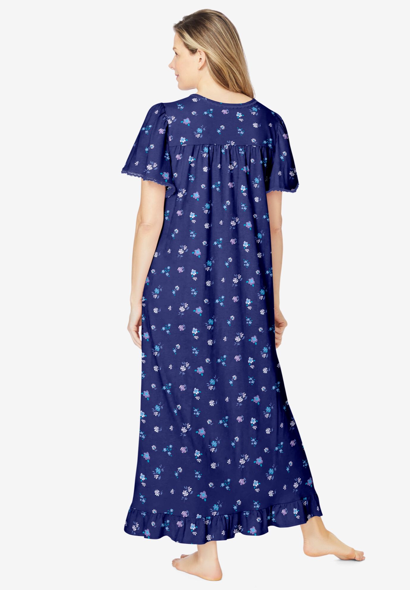 Long Floral Print Cotton Gown, EVENING BLUE FLOWERS, on-hover image number 1