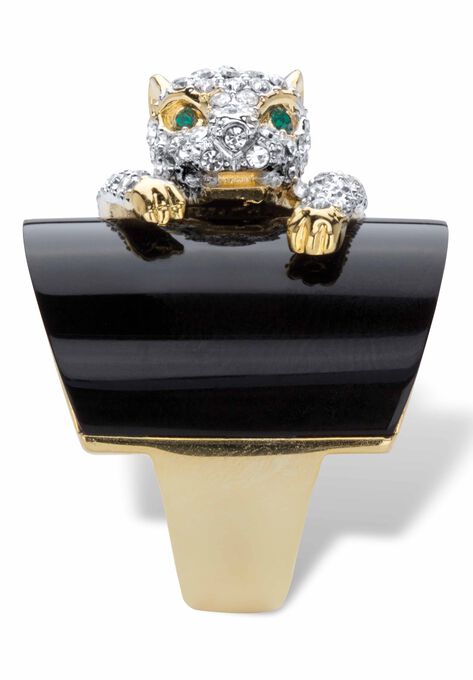 Yellow Gold-Plated Natural Black Onyx and Crystal Leopard Ring, , on-hover image number null