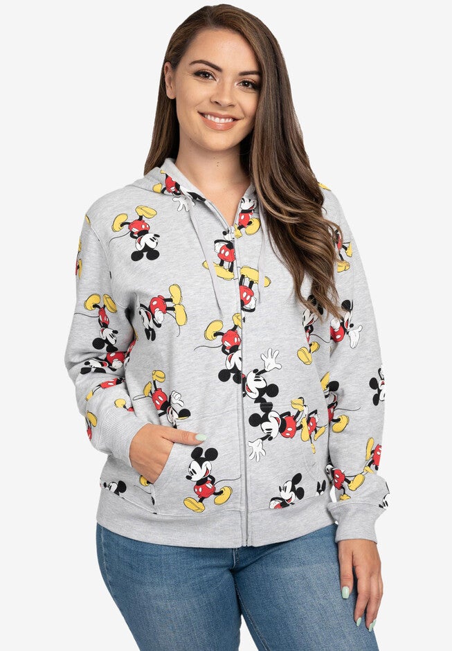 Women's Plus Size Disney Mickey Mouse Zip Hoodie All-Over Print Sweatshirt Gray, GRAY, hi-res image number null