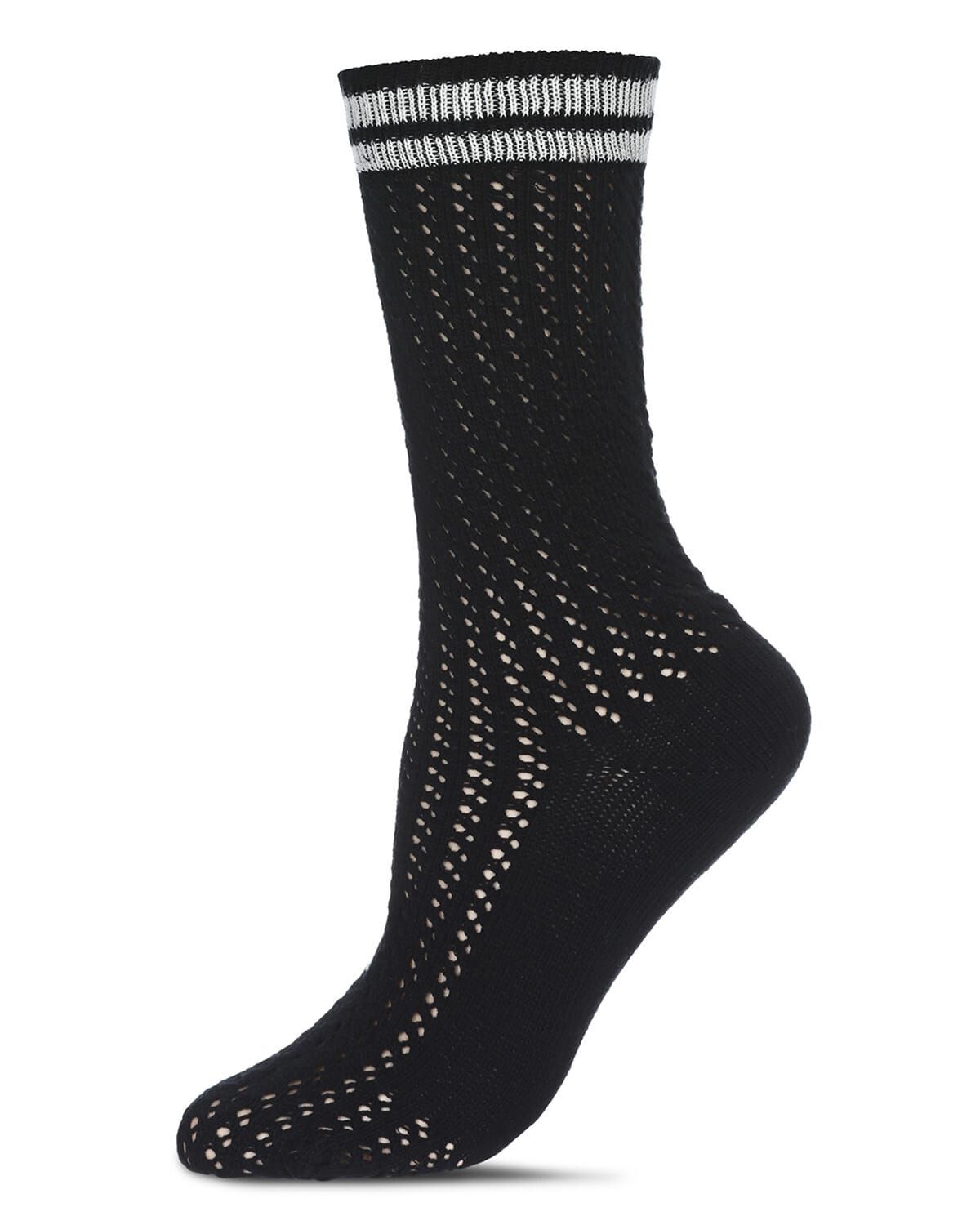 Women's Pointelle Knit Striped Crew Socks, BLACK, hi-res image number 0
