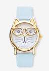 Gold Tone Bowtie Cat Watch with Adjustable Light Blue Strap, 8", CRYSTAL, hi-res image number null