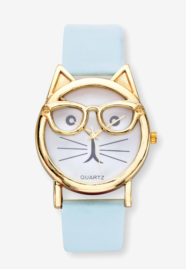 Gold Tone Bowtie Cat Watch with Adjustable Light Blue Strap, 8 inches, CRYSTAL, hi-res image number 0