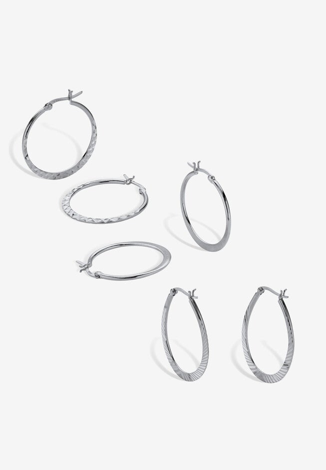 Sterling Silver Diamond Cut 3 Pair Hoop Earrings Set (33Mm), , on-hover image number null
