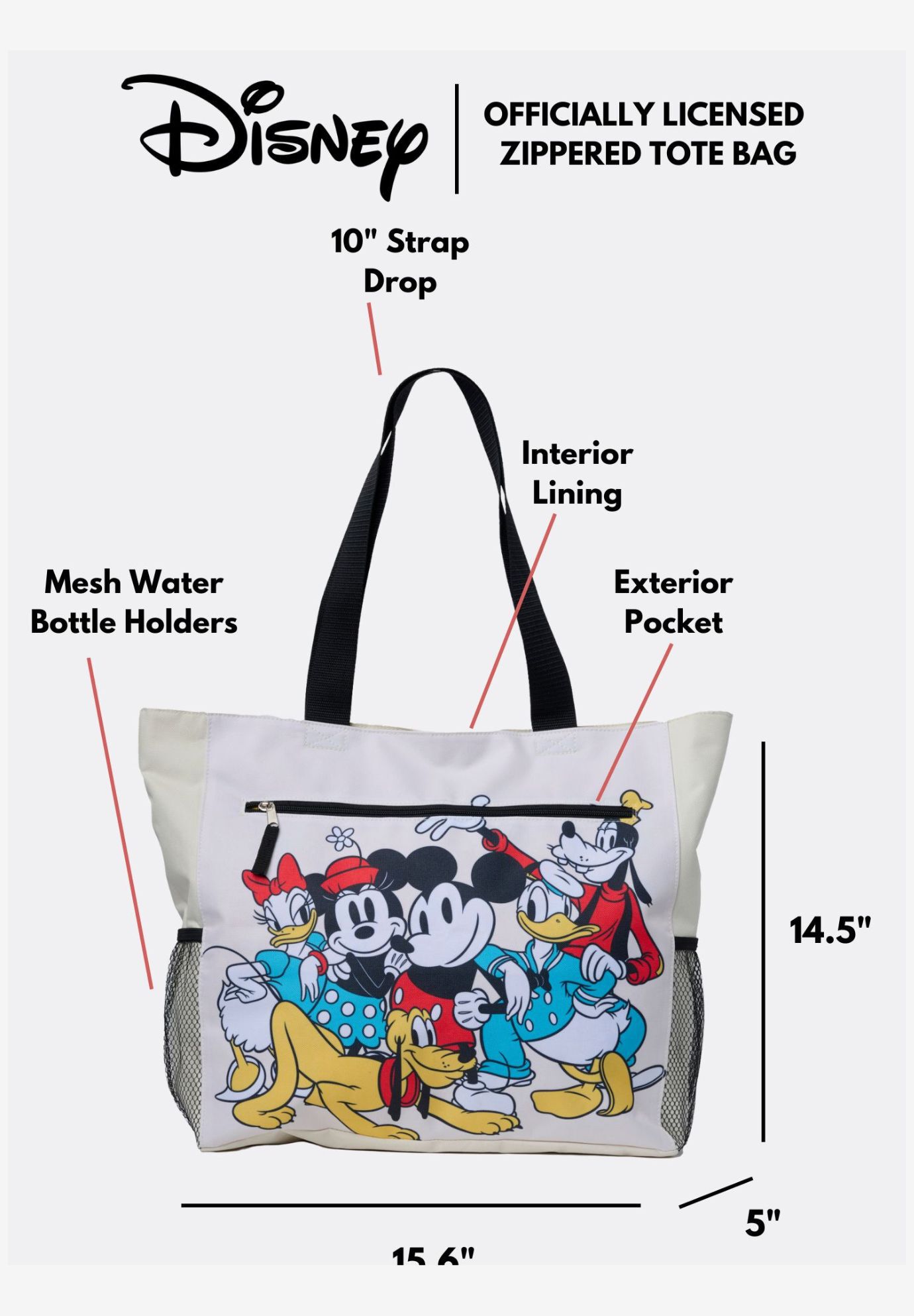 Disney Mickey & Friends Women's Zippered Beach Travel Tote with Bottle Pockets, WHITE, alternate image number 4