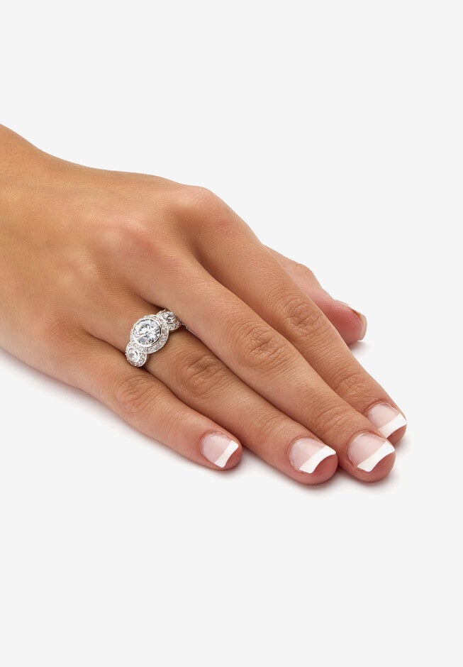 Sterling Silver Cubic Zirconia Vintage Style 3-Stone Bridal Ring, , alternate image number null