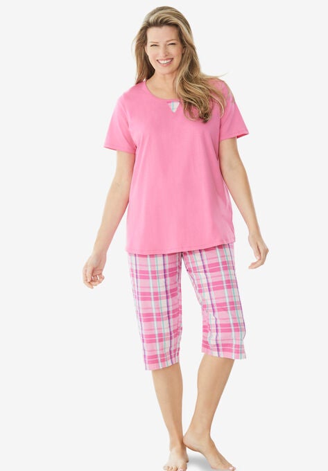 2-Piece Short-Sleeve & Capri PJ set, PEONY PETAL PLAID, hi-res image number null