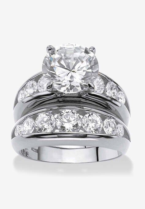 Silvertone Round Cubic Zirconia 2-Piece Channel Set Bridal Ring Set, SILVER, hi-res image number null