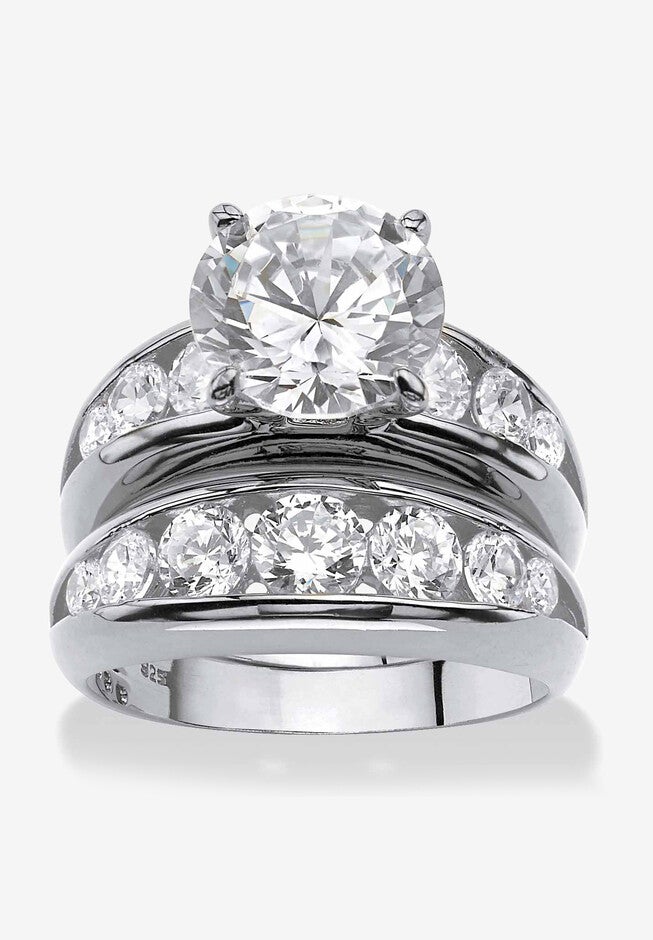 Silvertone Round Cubic Zirconia 2-Piece Channel Set Bridal Ring Set, SILVER, hi-res image number 0