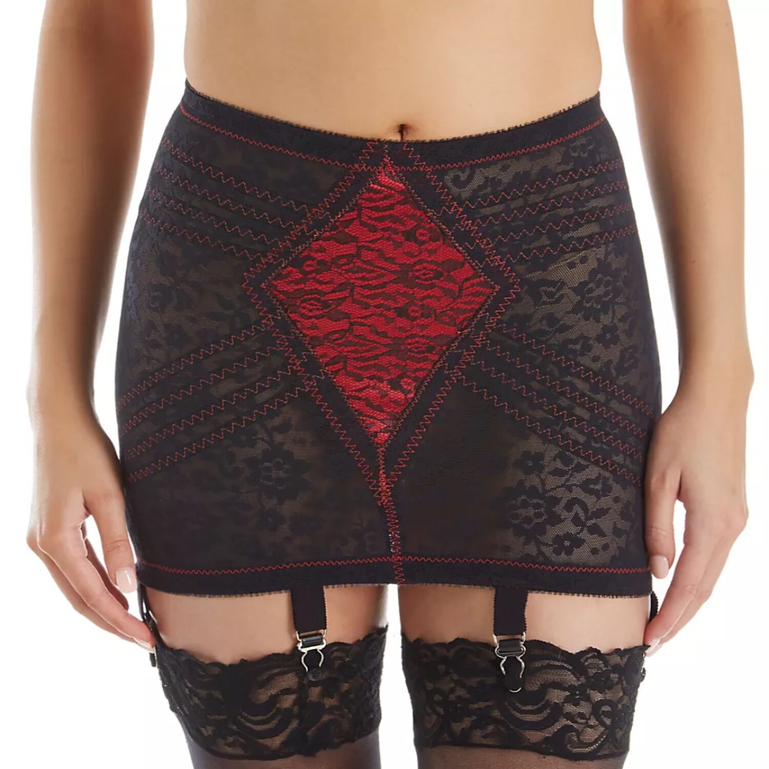 Lace Open Bottom Girdle, RED BLACK, hi-res image number 0