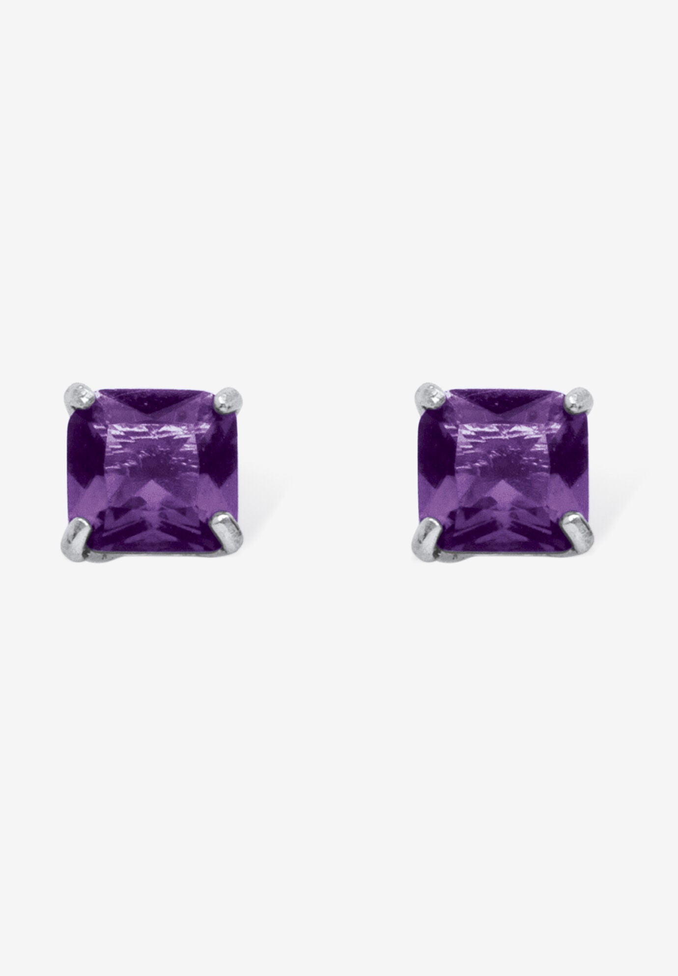 Sterling Silver Stud Princess Cut Simulated Birthstone Stud Earrings, FEBRUARY, hi-res image number 0