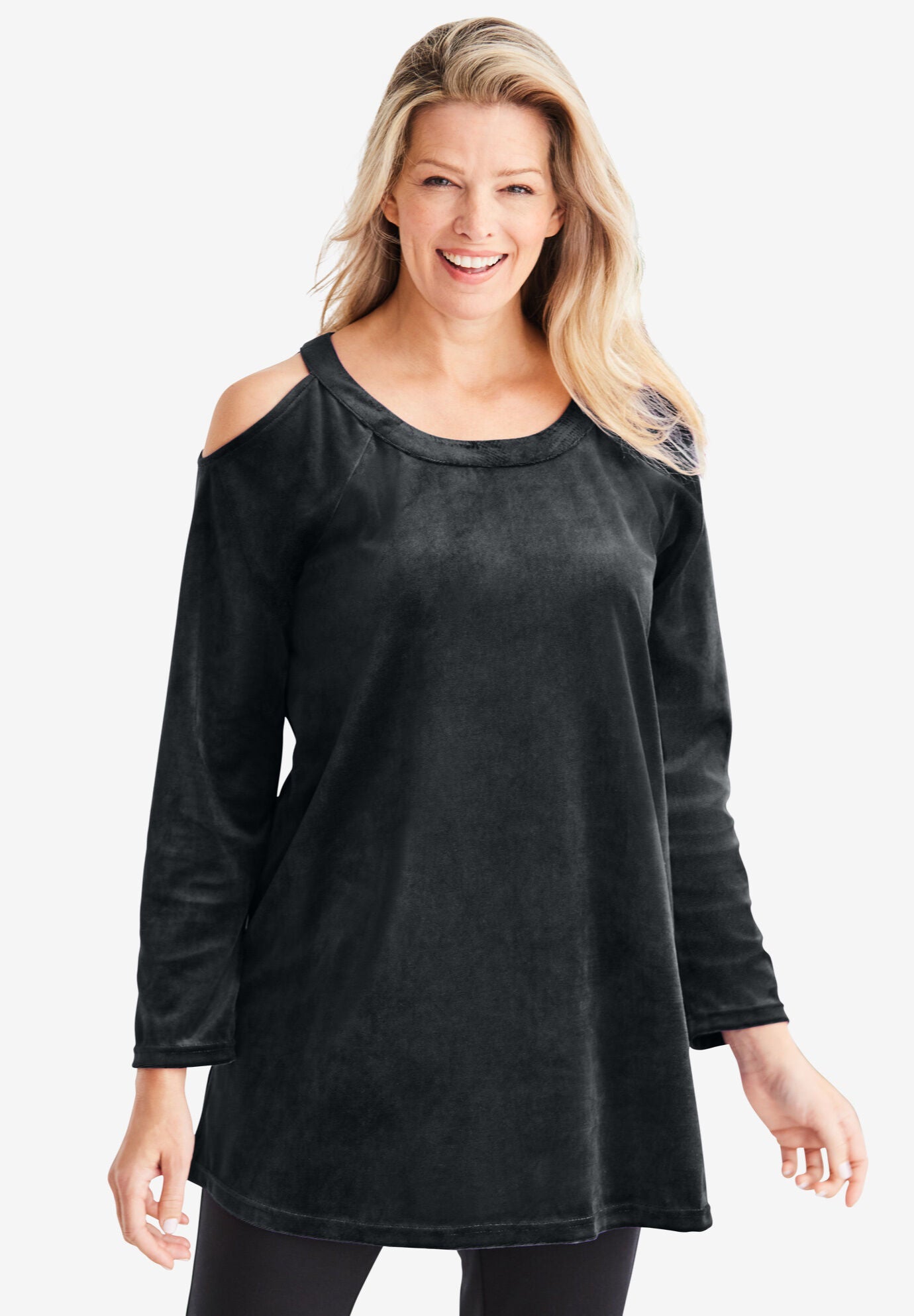 Velour Cold Shoulder Tunic, BLACK, hi-res image number 0