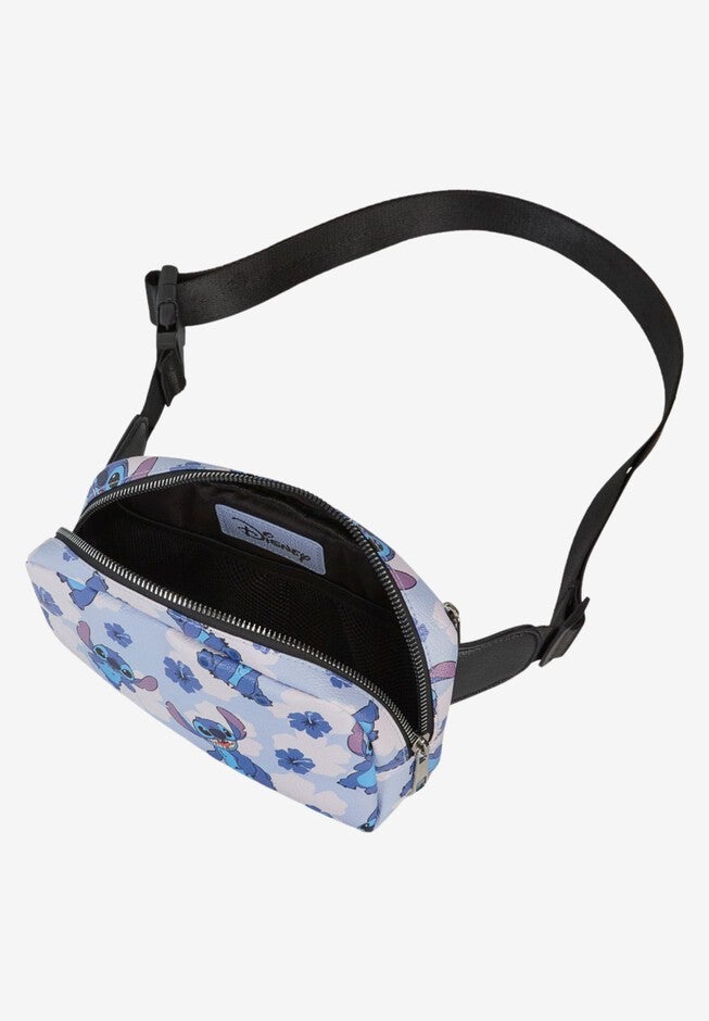 Disney Stitch Belt Bag Belt Bag Crossbody Zippered Floral All-Over Print Blue Faux Leather, , alternate image number null