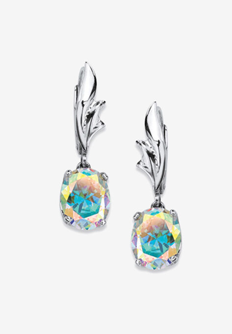 Sterling Silver Drop Earrings, Oval Aurora Borealis Cubic Zirconia, STERLING SILVER, hi-res image number null