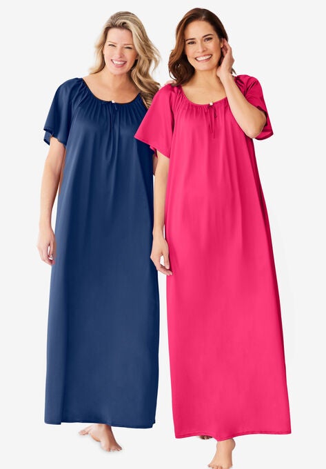 2-Pack Long Silky Gown , EVENING BLUE PINK BURST, hi-res image number null