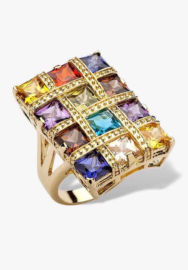 Yellow Gold-Plated Princess Cut Multi-Color Cubic Zirconia Ring, CUBIC ZIRCONIA, hi-res image number null