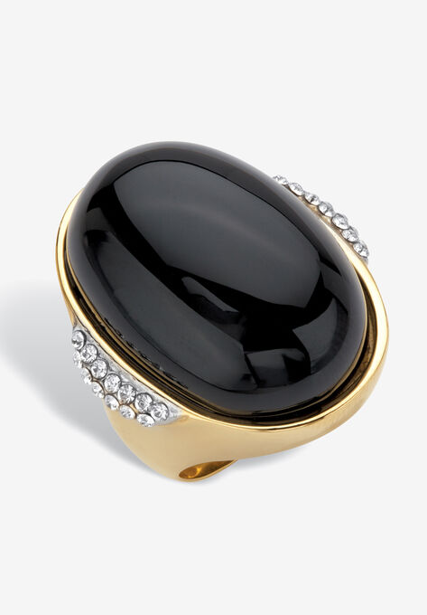 Yellow Gold Ion-Plated Stainless Steel Black Onyx and Crystal Ring, YELLOW GOLD, hi-res image number null