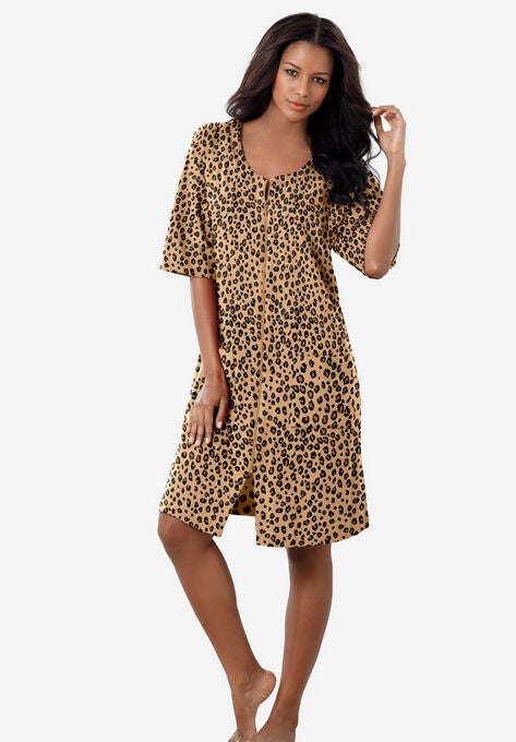 Short French Terry Zip-Front Robe, CLASSIC LEOPARD, hi-res image number null